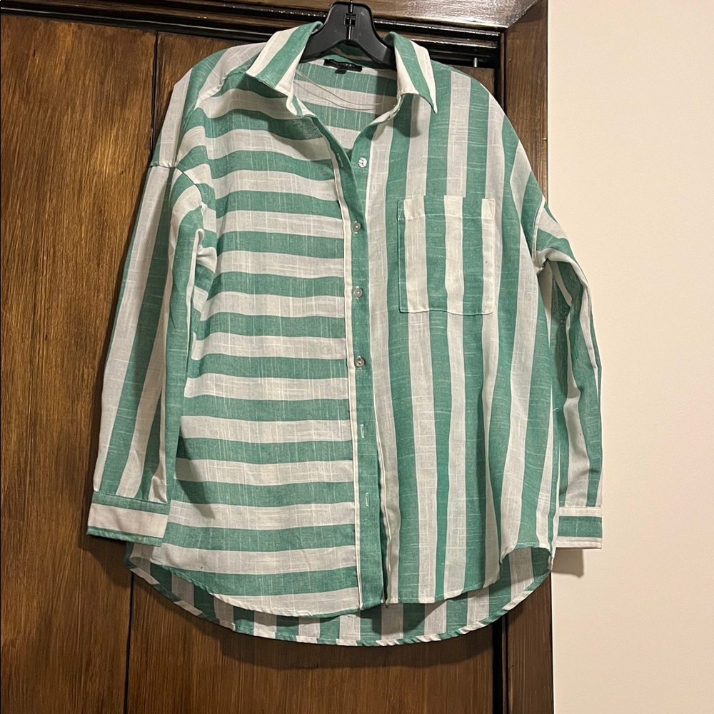 Papermoon Green and White Striped Button Down Shirt